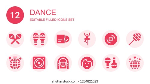dance icon set. Collection of 12 filled dance icons included Maracas, Vinyl, Dancer, Dance, Jukebox, Disco