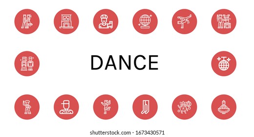 dance icon set. Collection of Foxtrot, Dance, Roller skate, Mirror ball, Capoeira, Disco, Rapper, Traditional dance, Leotard, Dancing, Regional Prom night, Disco ball icons