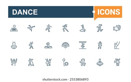 Dance icon set. Contains related to background, disco, happy, break, class and more. Minimalistic web and UI icons. Editable stroke.