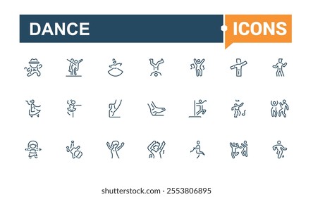 Dance icon set. Contains related to background, disco, happy, break, class and more. Minimalistic web and UI icons. Editable stroke.