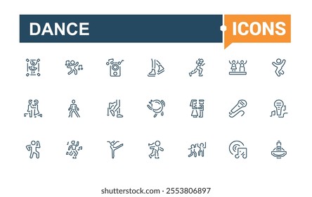 Dance icon set. Contains related to background, disco, happy, break, class and more. Minimalistic web and UI icons. Editable stroke.