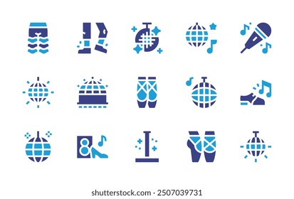 Dance icon set. Duotone color. Vector illustration. Containing tapmusic, mirrorball, discoball, trousers, balletshoes, microphone, dance, ballet, poledance.