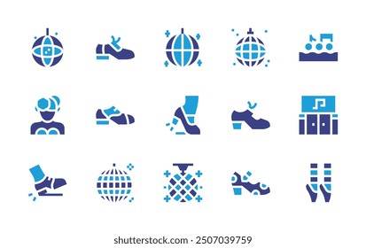 Dance icon set. Duotone color. Vector illustration. Containing flamencotap, dancer, ball, mirrorball, discoball, claquetap, tapshoes, flamencoshoes, disco.