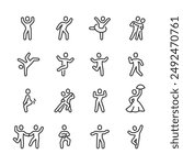 Dance, Icon Set. Various Dance Poses and Styles. Couple Dancing, Trendy Dances, Tango, Folk Dances, Twerking, Breakdance, Ballet. Line with editable stroke