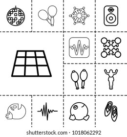 Dance icons. set of 13 editable outline dance icons such as dancing emoji, dance floor, roundelay, maracas, music equalizer, dancing woman, disco ball, speaker