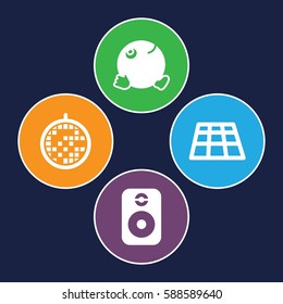dance icons set. Set of 4 dance filled icons such as dancing emoji, disco ball, speaker