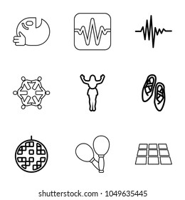 Dance icons. set of 9 editable outline dance icons such as music equalizer, dancing woman, disco ball, ballet shoes, dance floor, dancing emoji, roundelay