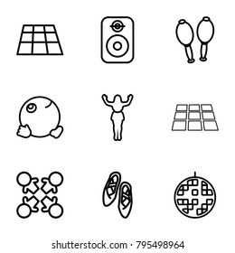 Dance icons. set of 9 editable outline dance icons such as dancing emoji, dance floor, roundelay, maracas, dancing woman, disco ball, speaker