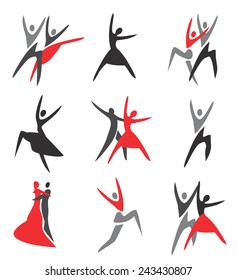 Dance Icons. Set Of  Ballroom, Ballet, Modern Dance Colorful Icons. Vector Illustration. 