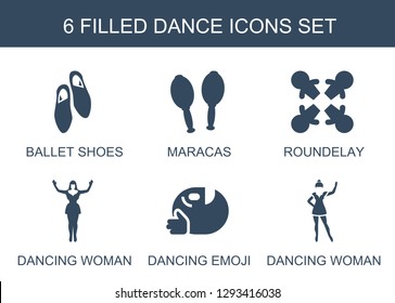 dance icons. Trendy 6 dance icons. Contain icons such as ballet shoes, maracas, roundelay, dancing woman, dancing emoji. dance icon for web and mobile.