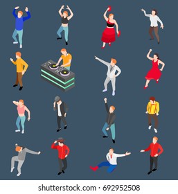 Dance isometric people collection with human characters performing in modern and traditional style with disc jockey vector illustration