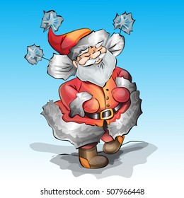 Dance jolly Santa Claus, isolated on blue background. Background for christmas greetings card, banner, poster, invitation. Vector illustration.