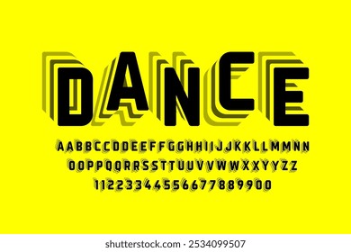 Dança. Saltando letras estilo design de fonte, letras do alfabeto e números ilustração vetorial