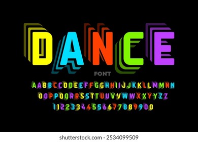 Dança. Saltando letras estilo design de fonte, letras do alfabeto e números ilustração vetorial