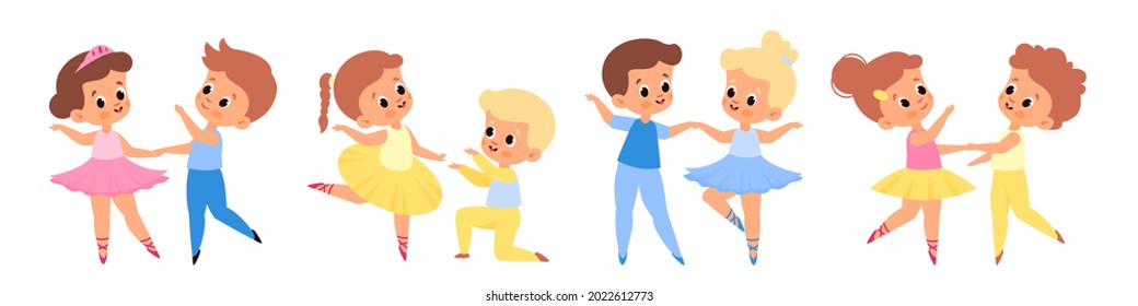 Parejas de baile para niños. Jóvenes bailarines de ballet, niños y niñas en tútus y zapatos punteros, diferentes poses, divertidas bailarinas asociadas. Colección de clases de arte. Conjunto aislado de dibujos animados