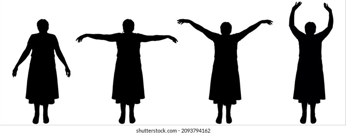 Dance lesson, ballet. Dance teacher in a skirt. A group of women stands straight and move their arms: up, down, to the sides. Front view. Black female silhouettes are isolated on a white background.