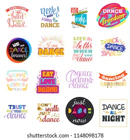 Dance lettering vector dancing sign and dancer typographic print illustration set of inspirations for dance-hall isolated on white background