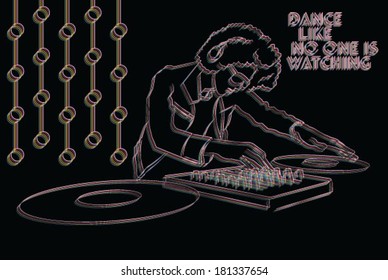 Dance like no one is watching: DJ in nightclub playing decks, trippy vector illustration