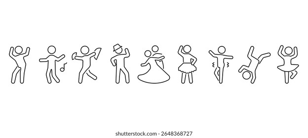 Ícone de linha de dança definido com fundo transparente. Ícone de dança definido com vários estilos. Entre eles estão Couple dance, Squere, Ballroom, Belly dance, Ballet, Zumba, Latin, Jazz, Ska e muitos mais. 