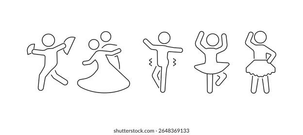 Ícone de linha de dança definido com vários estilos. Entre eles estão Squere, Ballroom, Belly dance, Ballet e dança latina, Ícone da Dança com fundo transparente. Traço editável.