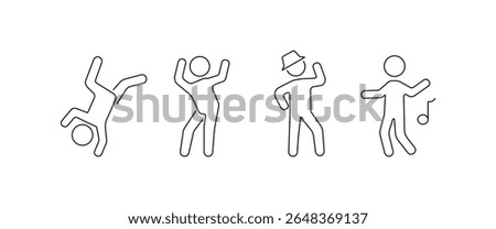 Dance line icon set with various Dance styles. Among them are Steet dance, Zumba, Jazz, Ska and more, Icon of Dance with transparent background. Editable Stroke.