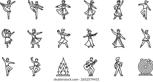 Dance line icon set. Vector pictograms of various people dancing styles - ballet, salsa, hip-hop, traditional folk, tango, jazz, samba, flamenco, disco freestyle thin linear