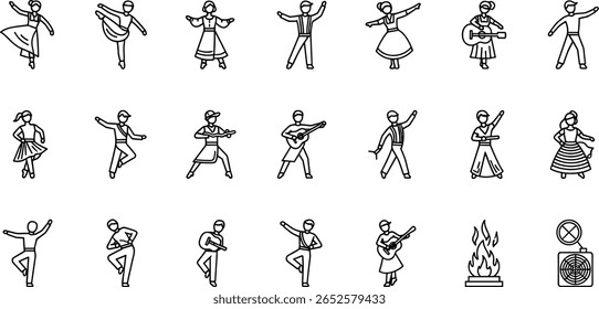 Dance line icon set. Vector pictograms of various people dancing styles - ballet, salsa, hip-hop, traditional folk, tango, jazz, samba, flamenco, disco freestyle thin linear