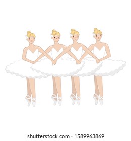 Dance of the little swans. Four ballerinas on a white background. Vector graphics.