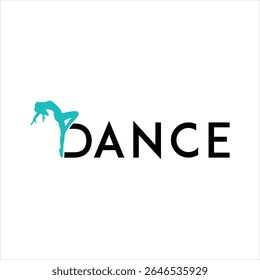 Dance Logo Design Featuring a Turquoise Silhouette of a Dancer Leaning Backwards with her Arms Extended, Seamlessly Integrated with Bold Black Text Spelling the Word Dance