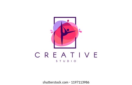 Dance logo. Dance studio logo design.  Fitness class banner background with symbol of abstract stylized gymnast girl in dancing pose.