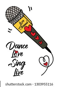 Dance love sing live and a microphone with heart shape/ Love greeting card vector stock / Love life greeting card / 14 February Valentine's day postcard 