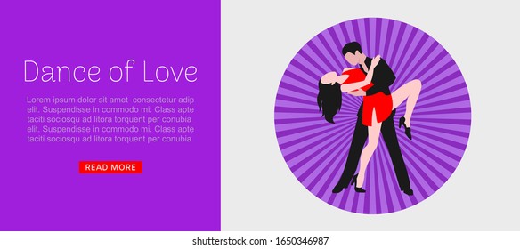 Dance of love tango or dancing party web vector template. Cartoon illustration of dancing tango couple man and woman. Retro old fashioned love dances tango, waltz or salsa website or landing, banner.