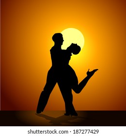 Dance loving couple at sunset. Vector