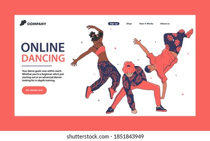 Dance master classes landing page. A group of people men and women are engaged in hip hop together. Vector illustration of active youth in trend clothes