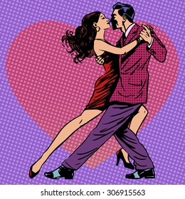 The Dance Of Men And Women On The Background Of Hearts. Couple Love Tango Waltz Rumba Retro Style