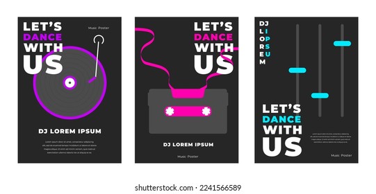 Dance minimalistic poster set. Night music party flyer or poster or banner design template for night club with DJ Mixer on black background. Minimalistic vector poster, banner, cover