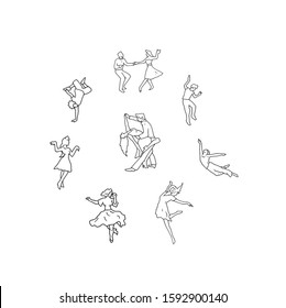 Dance moves set, hand drawn outline illustration. Different dancers in attractive poses vector drawing. Happy and active modern people.