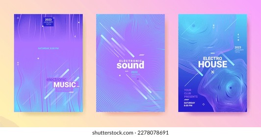 Dance Music Flyer. Electronic Party Poster. Abstract Dj Background. Gradient Wave Circle. Dance Music Flyer Set. Minimal Fest Banner. Techno Sound Cover. Blue Purple Dance Music Flyer.