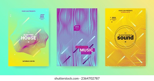 Dance Music Flyer Set. Electronic Party Poster. Abstrakter Edm-Hintergrund. Gradient Verzerrungslinien. Tanzmusikflieger. Technology Festival Banner. Techno Sound Cover. Blue Purple Dance Music Flyer.