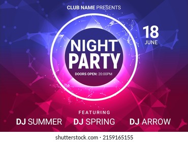 Dance Music Night Poster Background. Night Club Music Concert DJ Flyer Vector Design Glow Abstract Banner Event Show Techno Electro House.