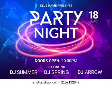 Dance Music Night Poster Background. Night Club Music Concert DJ Flyer Vector Design Glow Abstract Banner Event Show Techno Electro House