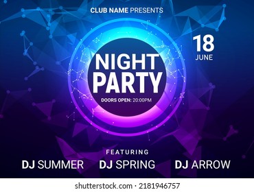 Dance Music Night Poster Background. Night Club Music Concert DJ Flyer Vector Design Glow Abstract Banner Event Show Techno Electro House.