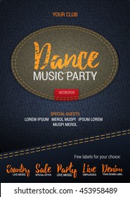 Dance Music Party flyer or banner with denim background. Vector template with denim label. Caption thread. Print