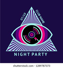 Dance music poster with vinyl record. Psychedelic trance illustration. Night party vector background.