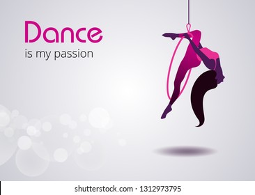 Dance  is my passion. Dance with your heart.  Vector poster perfect for dance studio, performance. Flyer, invitation, poster or greeting card design template with dancing girl.