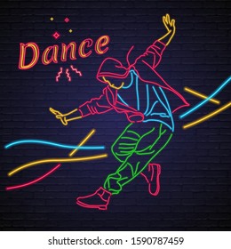 Dance Neon Silhouette Illustration. Neon Light Glowing Vector Dynamic Boy Silhouette. Hip Hop, Break dance 