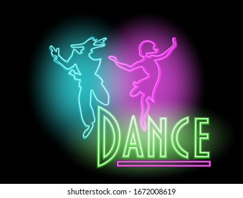 Dance. Neon silhouette of two dencers. Retro style vector illustration.