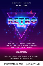 Dance, new retro party poster background template with particles, lines, highlight and modern geometric shapes in pink and blue colors. Music event flyer or banner abstract