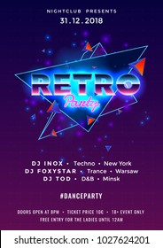 Dance, new retro party poster background template with particles, lines, highlight and modern geometric shapes in pink and blue colors. Music event flyer or banner abstract