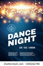 Dance night. Music fest poster template with shining fireworks. Show, exhibition, competition, birthday party flyer design.